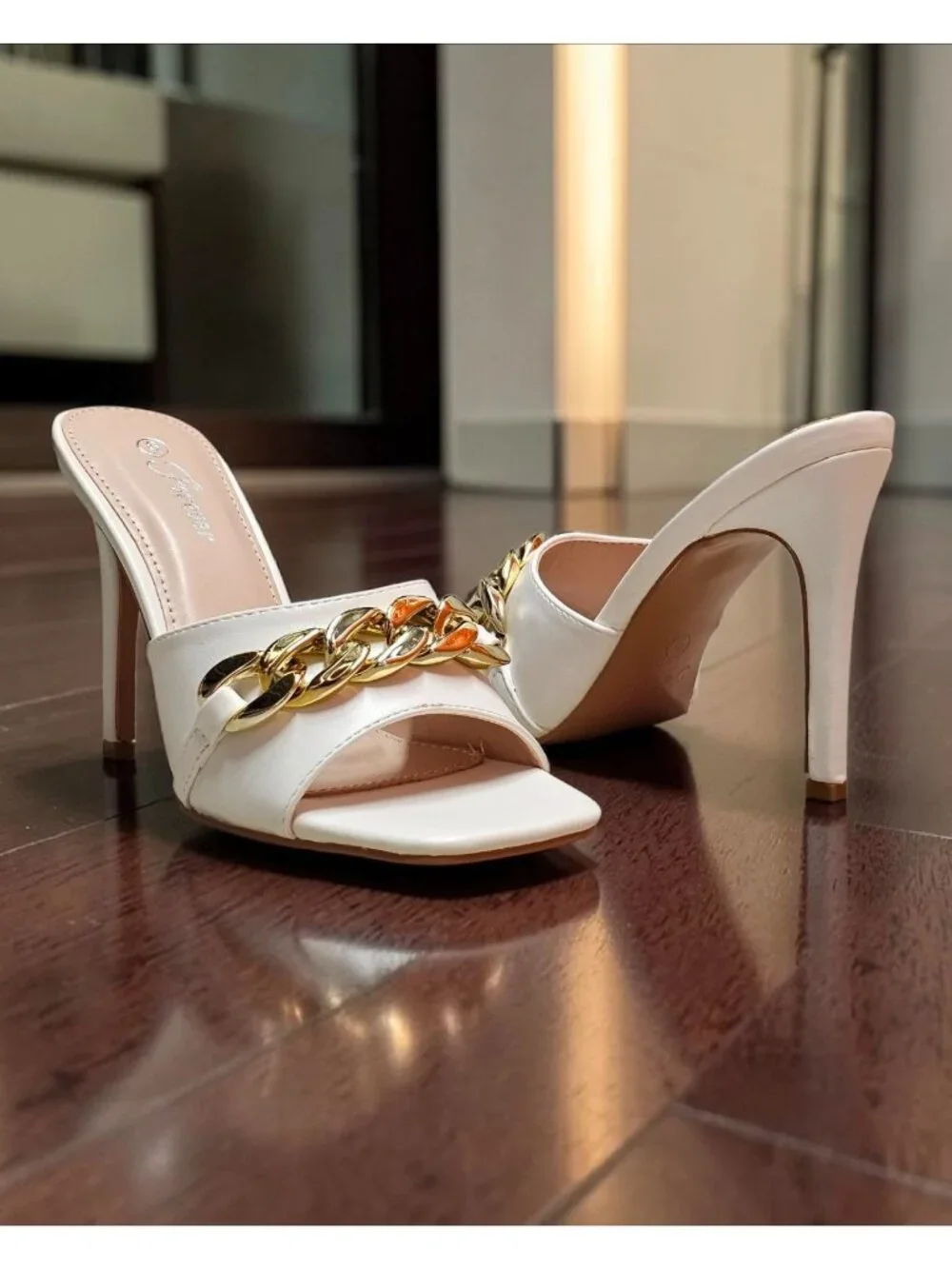 White High-Heel Mules With Gold Chain Accent - Forever Brand - Chic Open-Toe Des